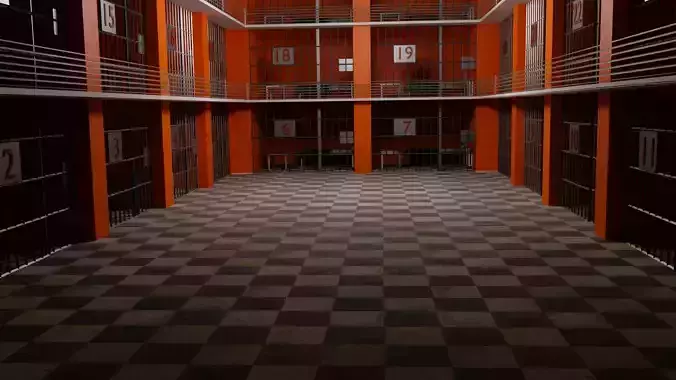 Prison orange and checkered floor in Low-poly 3D model