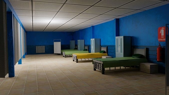Infirmary hospital room with walls and beds Low-poly 3D model