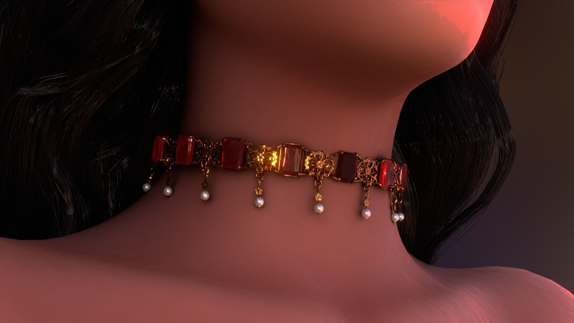 Ruby gold choker Low-poly 3D model_2