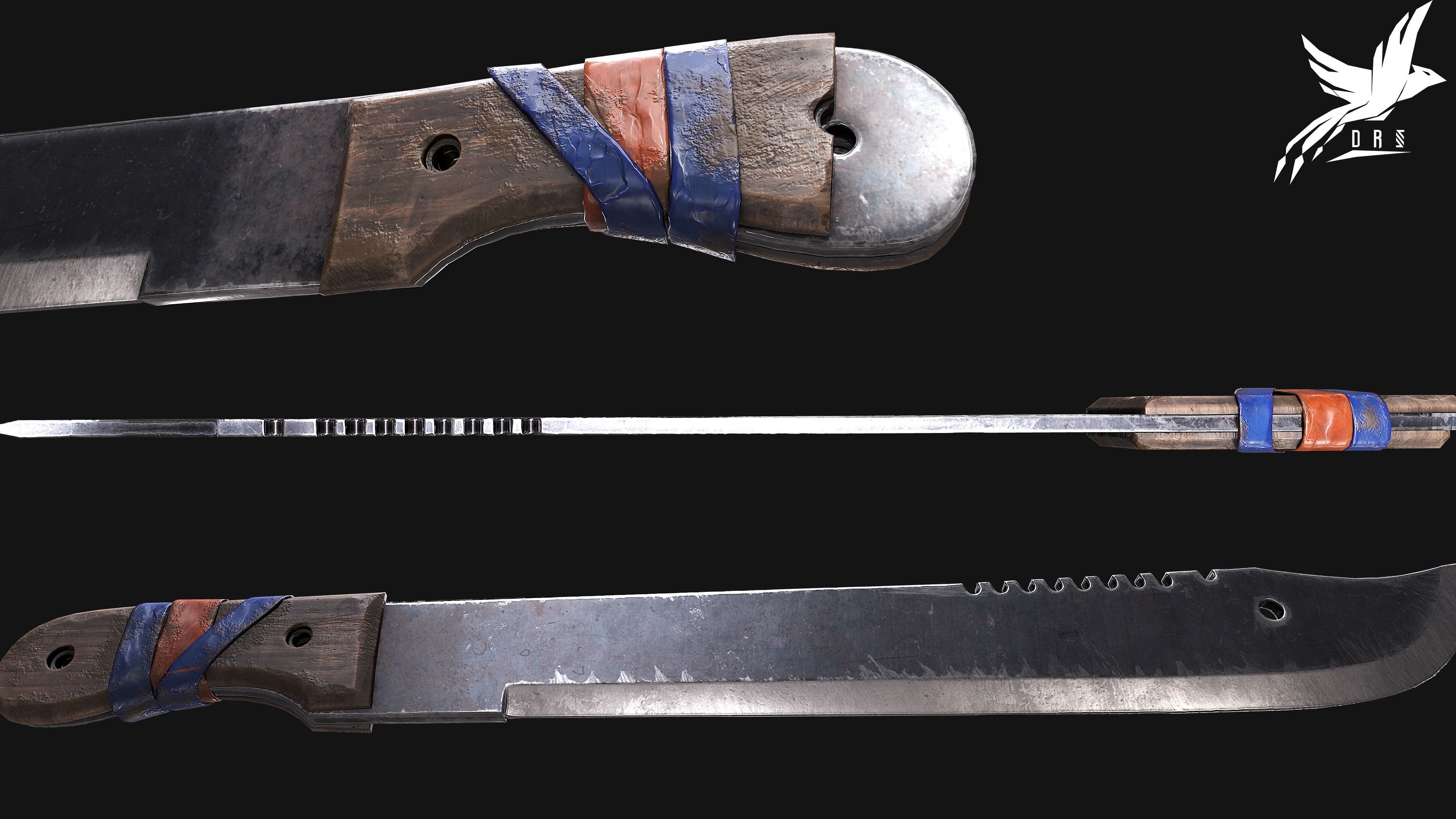 Machete knife with stripes Low-poly 3D model_1