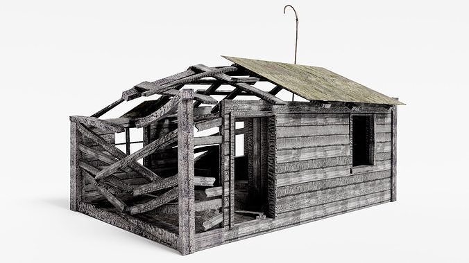 Wooden old burned house as1 Low-poly 3D model 2