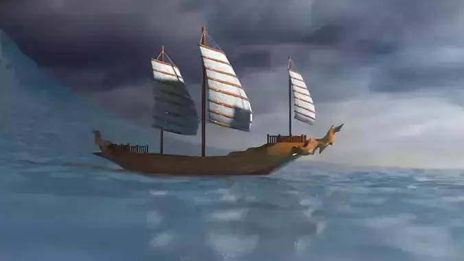 Boat 3D chinese sailing ship in ocean