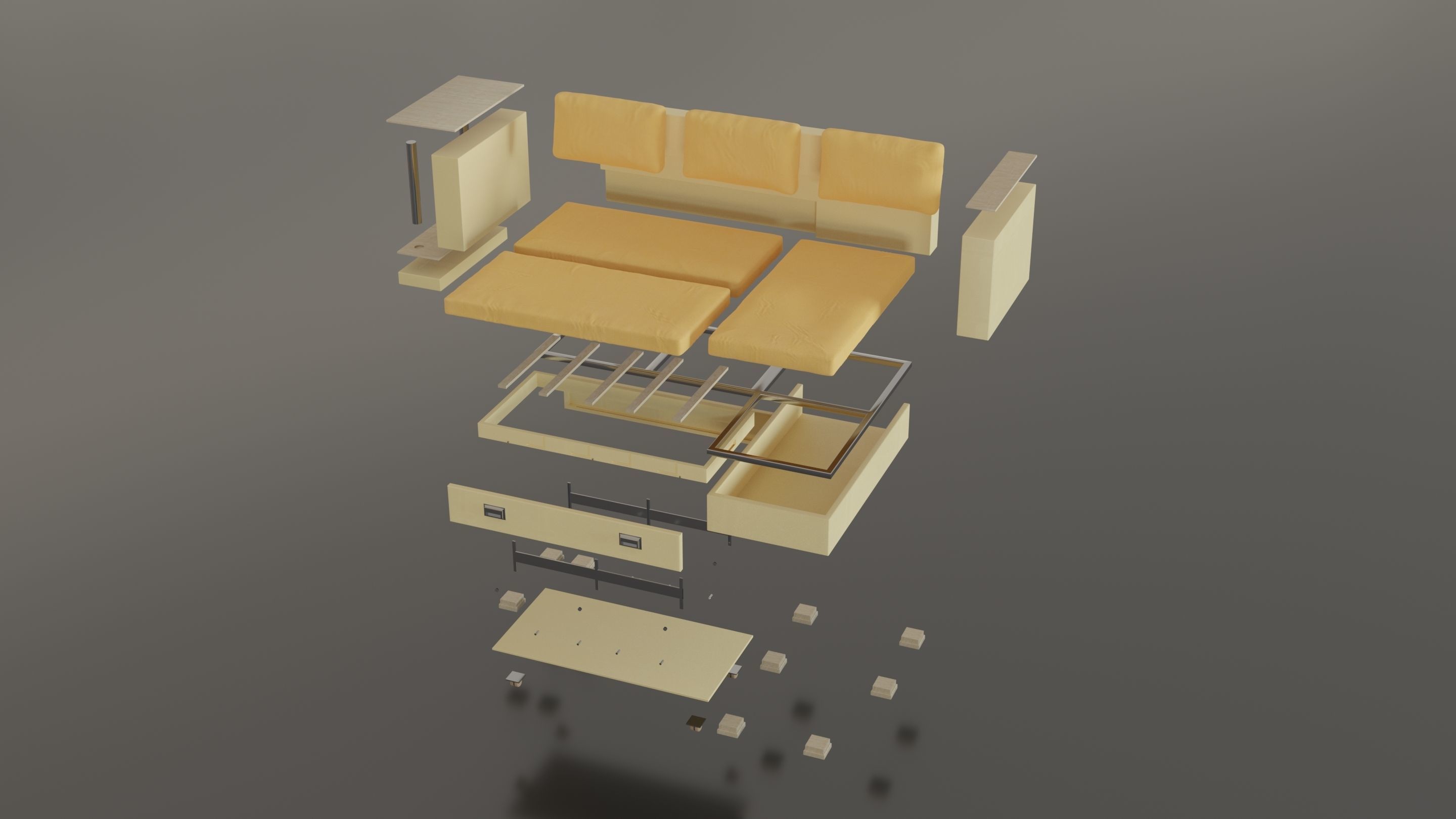 Animated orange leather-fabric sofa with small wooden table 3D model_24