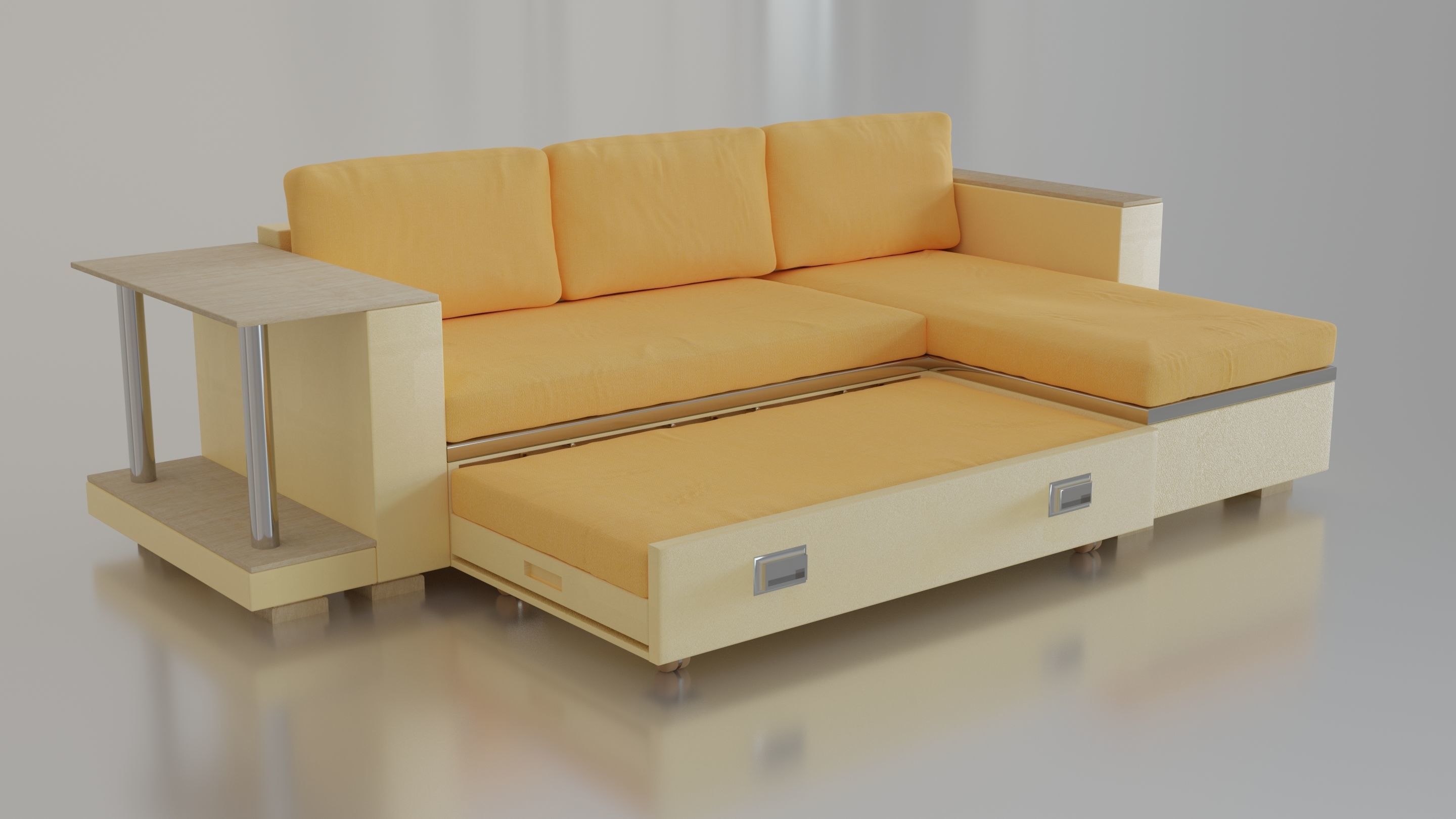 Animated orange leather-fabric sofa with small wooden table 3D model_3