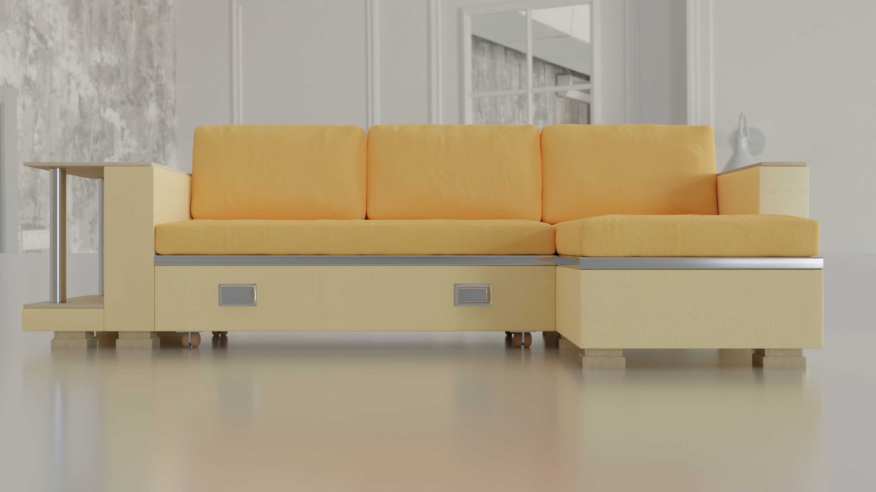 Animated orange leather-fabric sofa with small wooden table 3D model_18