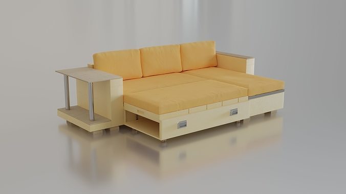 Animated orange leather-fabric sofa with small wooden table 3D model