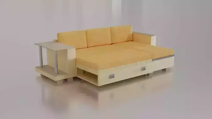 Animated orange leather-fabric sofa with small wooden table 3D model