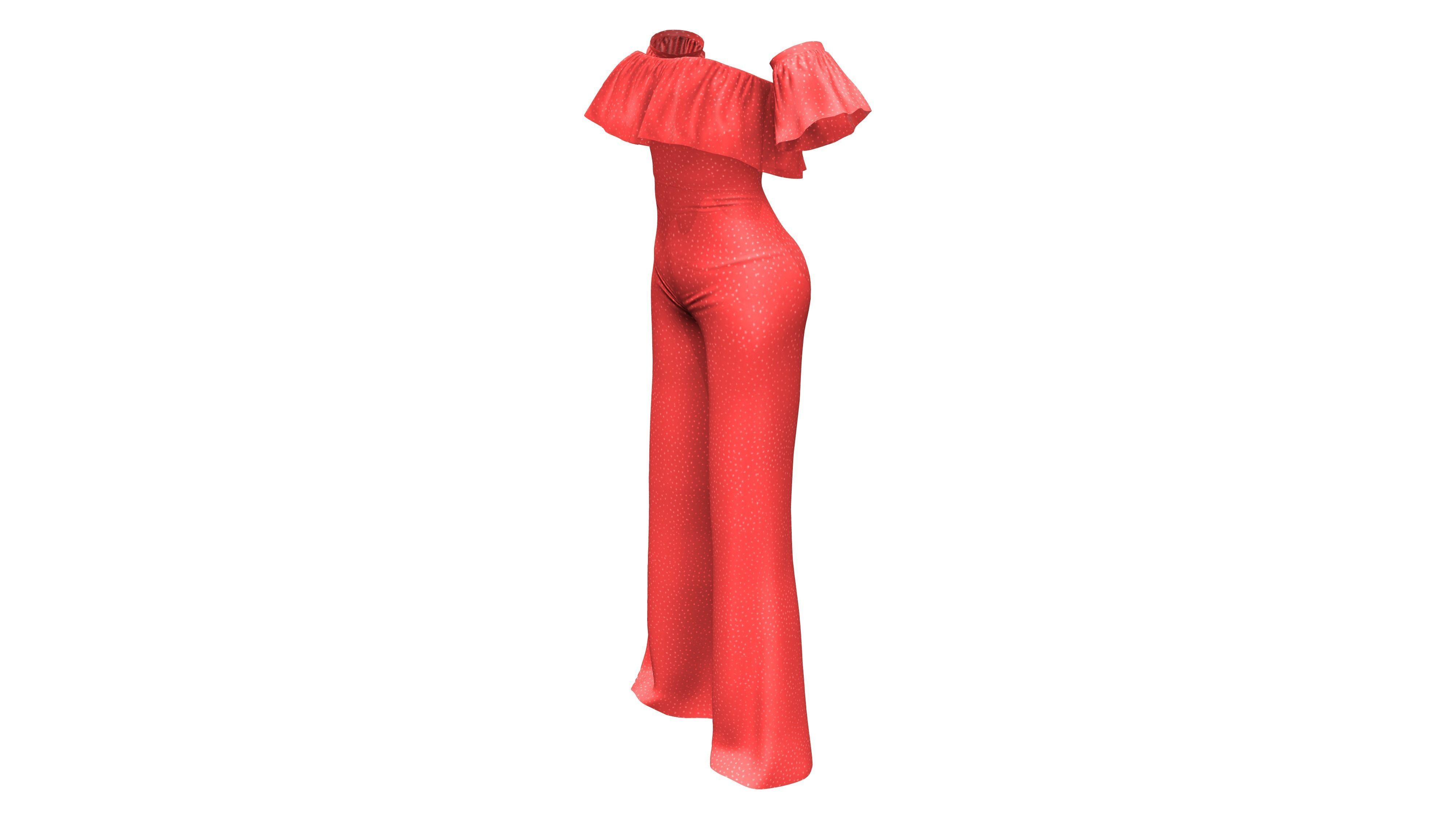Strapless Ruffled Jumpsuit with Sleeves Low-poly 3D model_4