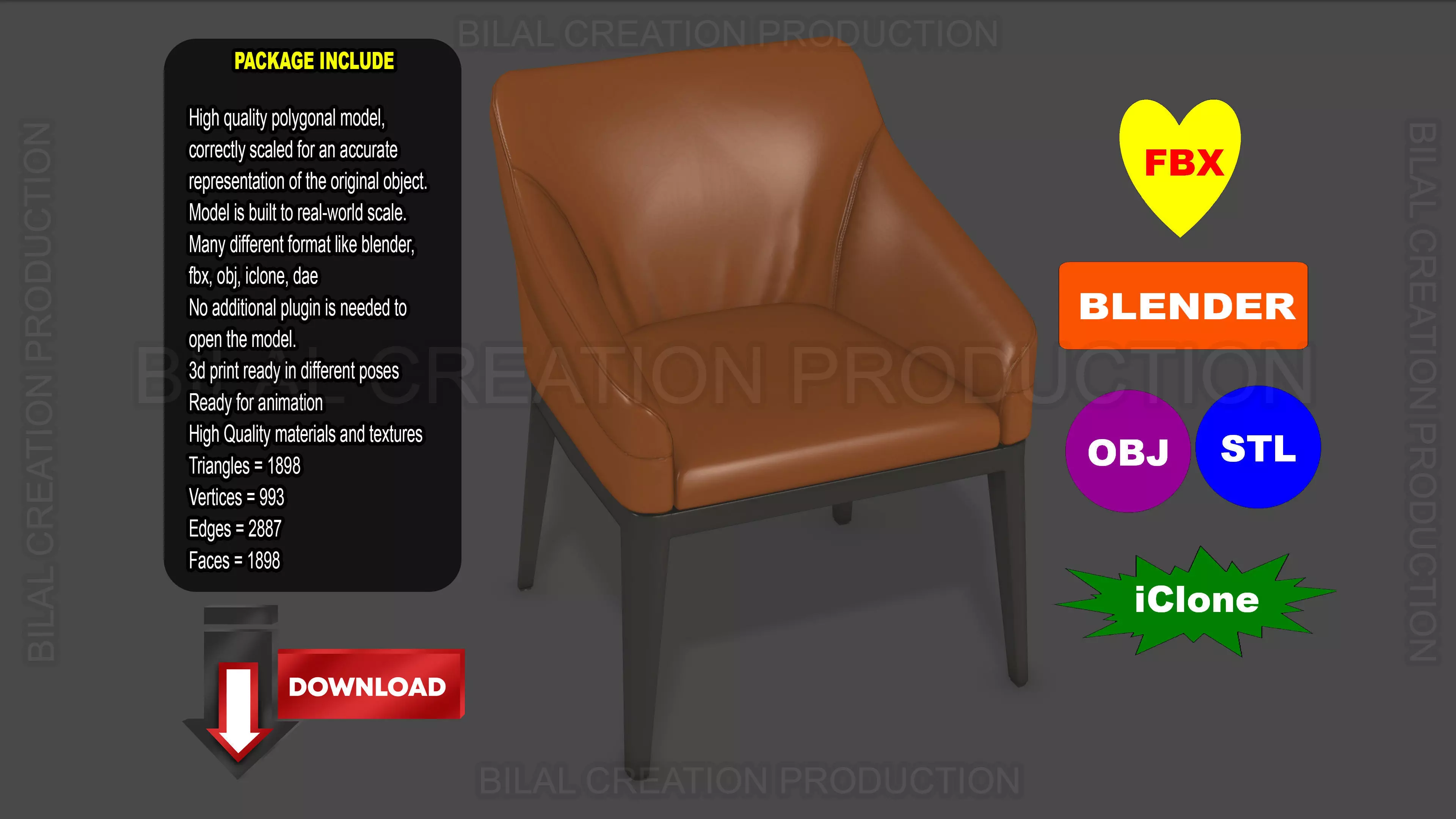 CHAIR leather Low-poly 3D model
