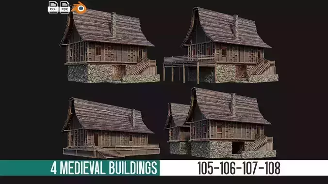 4 Old Medieval House Buildings Pack 4K GameReady 105 to 108 Low-poly 3D model