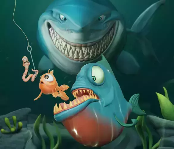Stylized Fishes Collection of 3 including stylized Worm 3D model