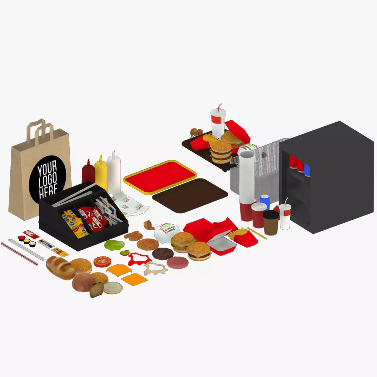 Modular Hamburger Fastfood Package 3D Low-poly 3D model