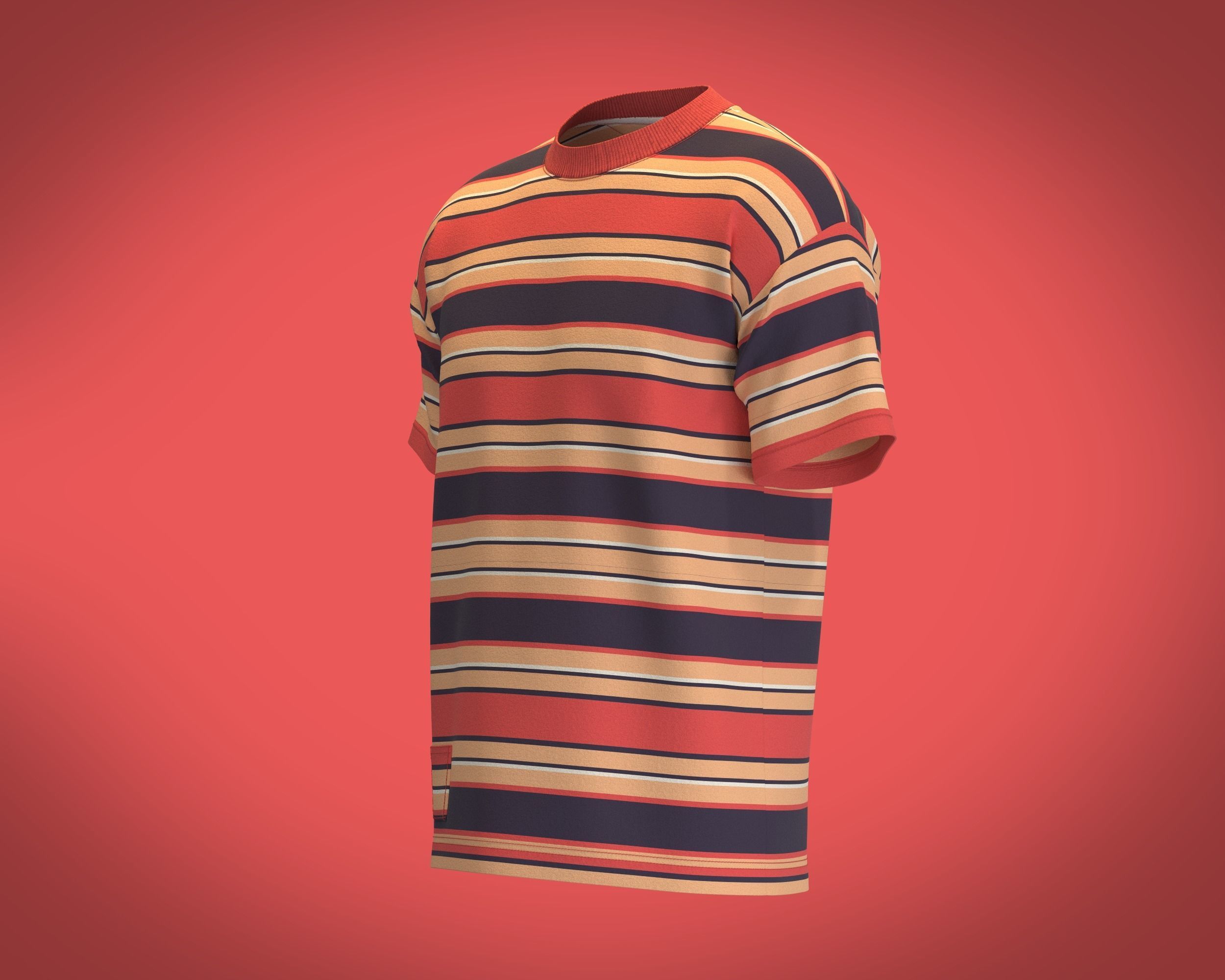 Mens Retro Stripe Print T-Shirt 3D model_7