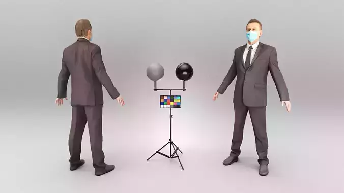 Man in suit and face mask in A-pose 378 Low-poly 3D model