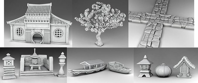 Stylized Japanese Elements of decor Set Part 2 3D print model