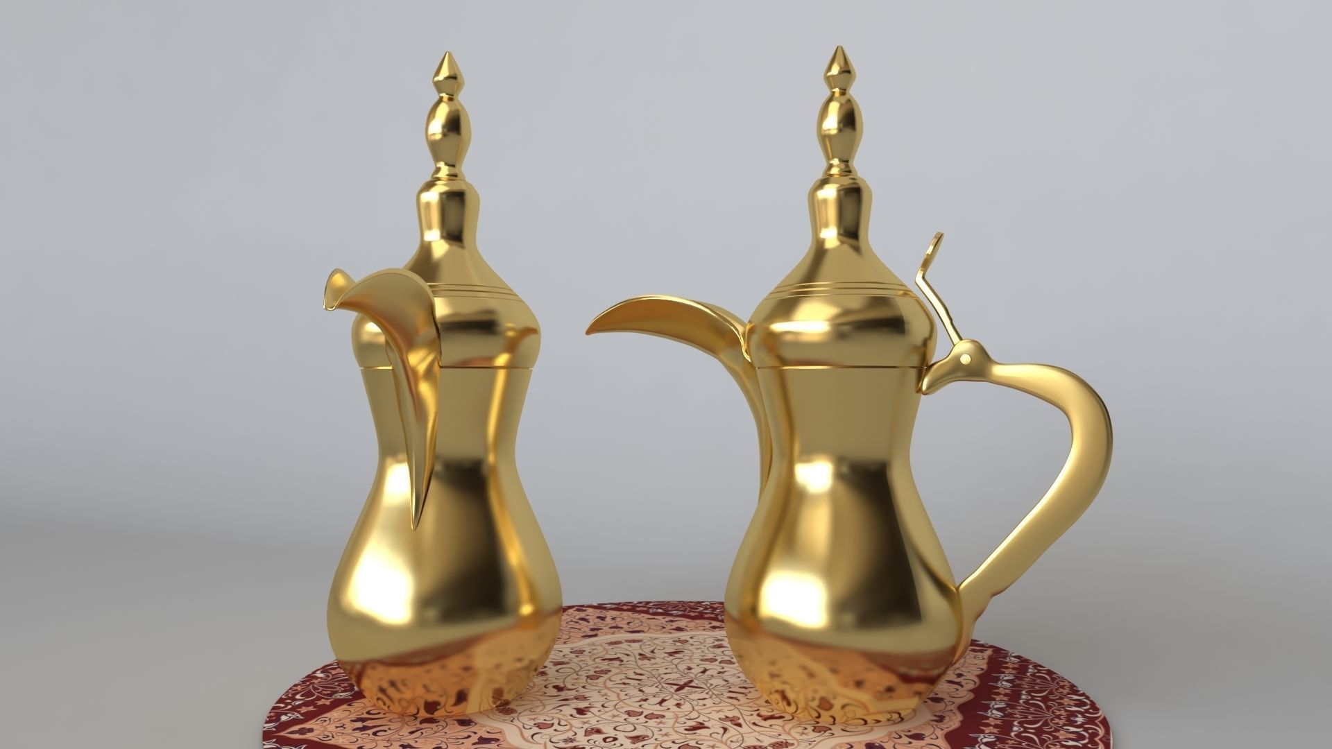 Dallah two golden coffee pots on table 3D model_2