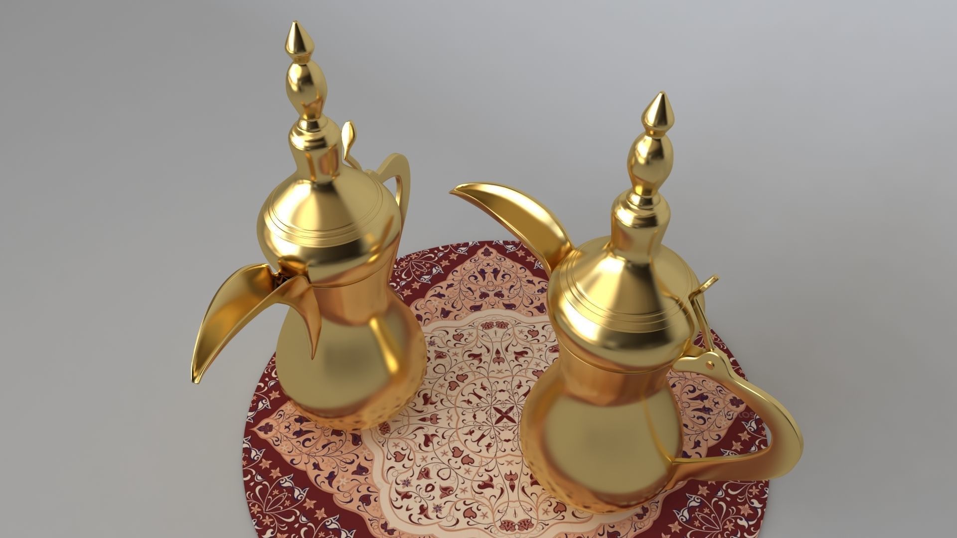 Dallah two golden coffee pots on table 3D model_1