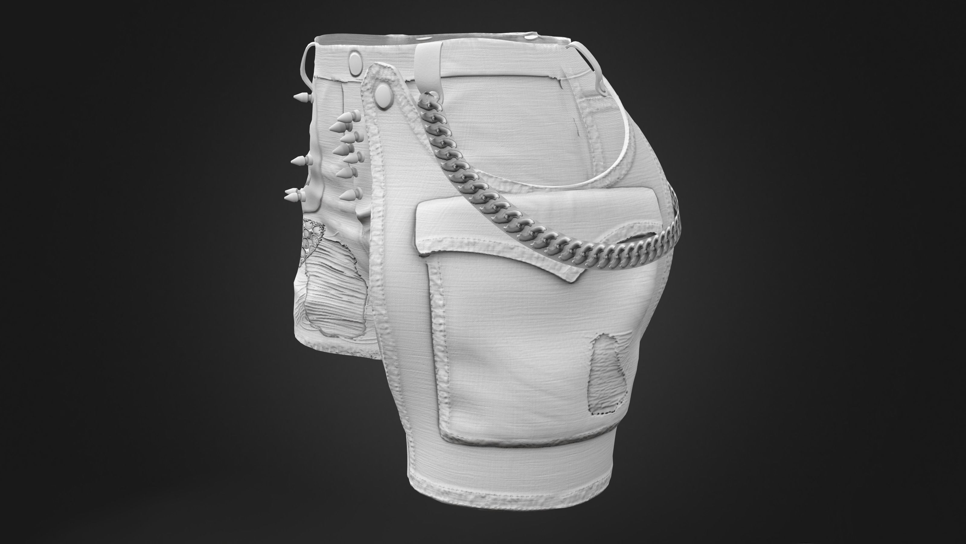 Chains and Rivets Decorated Black Torn Shorts Low-poly 3D model_8