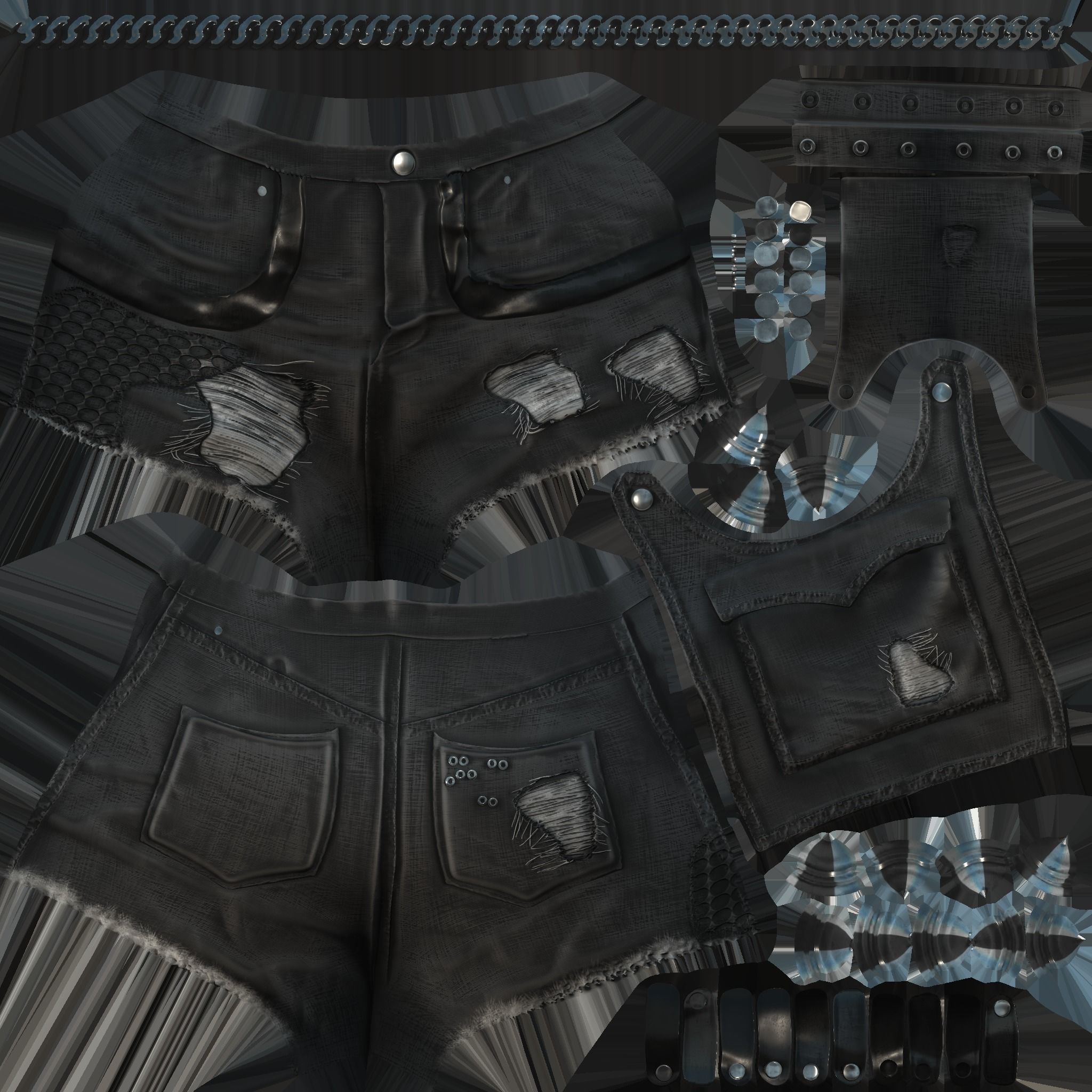 Chains and Rivets Decorated Black Torn Shorts Low-poly 3D model_9