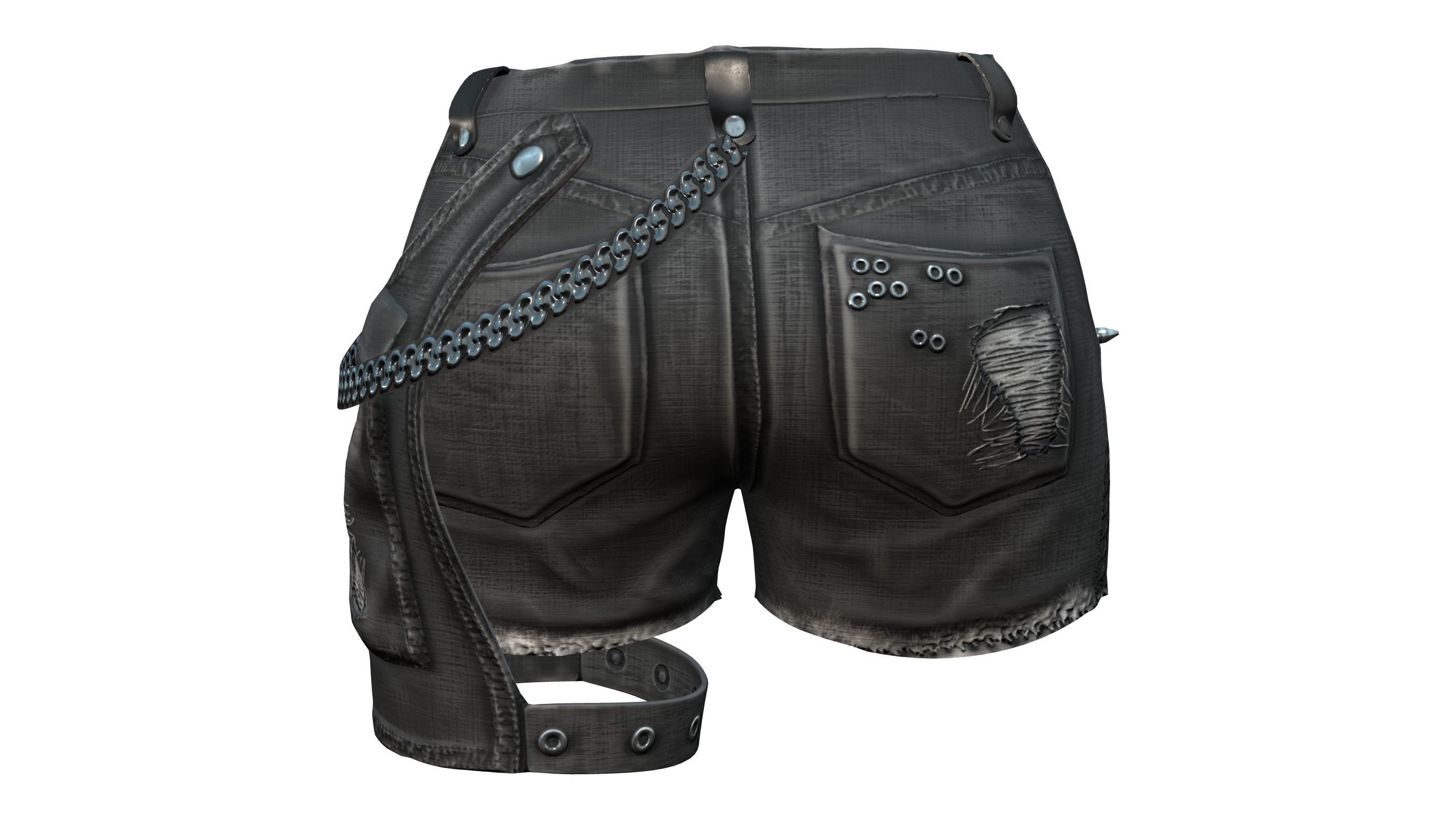 Chains and Rivets Decorated Black Torn Shorts Low-poly 3D model_4