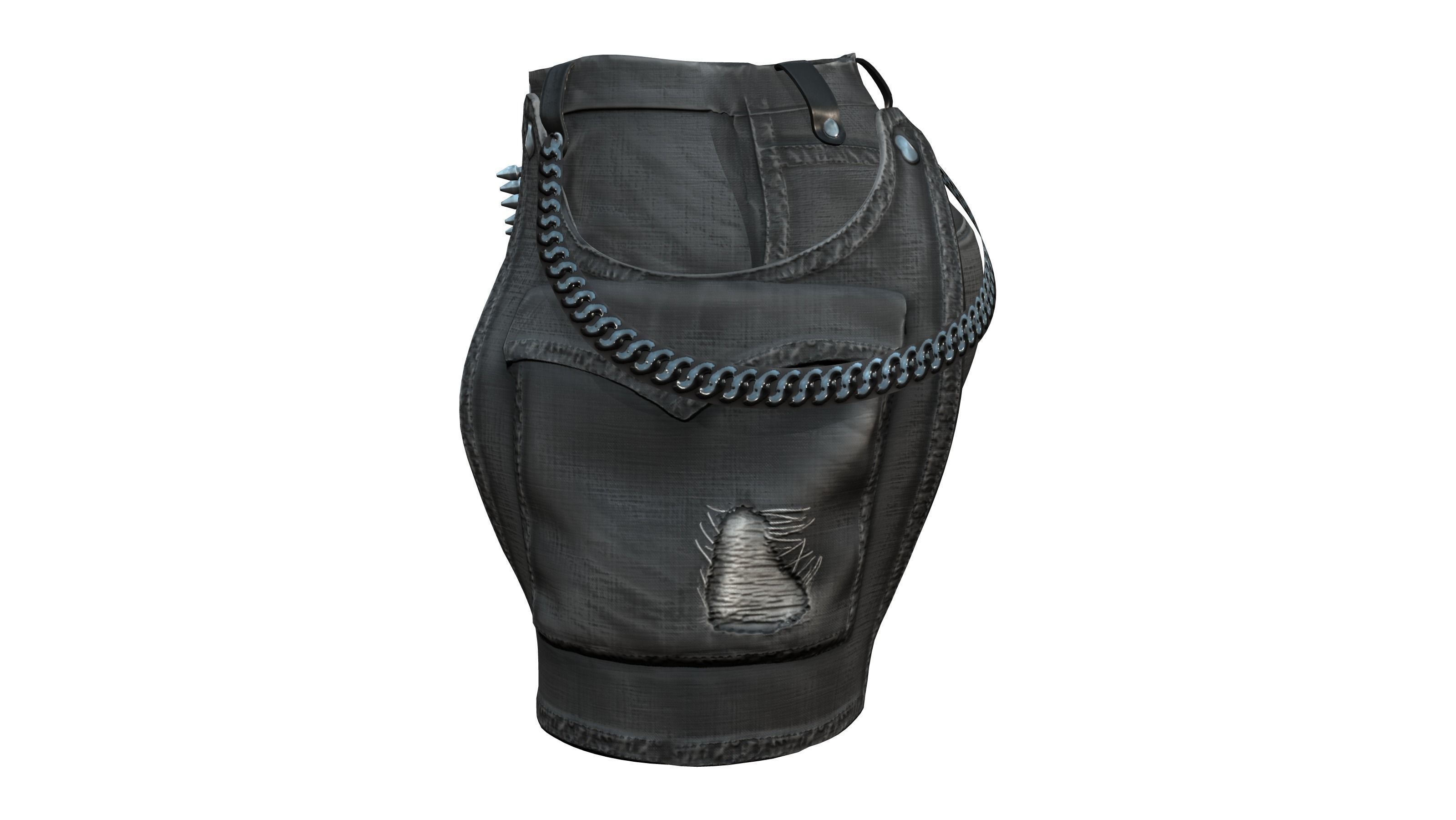 Chains and Rivets Decorated Black Torn Shorts Low-poly 3D model_3