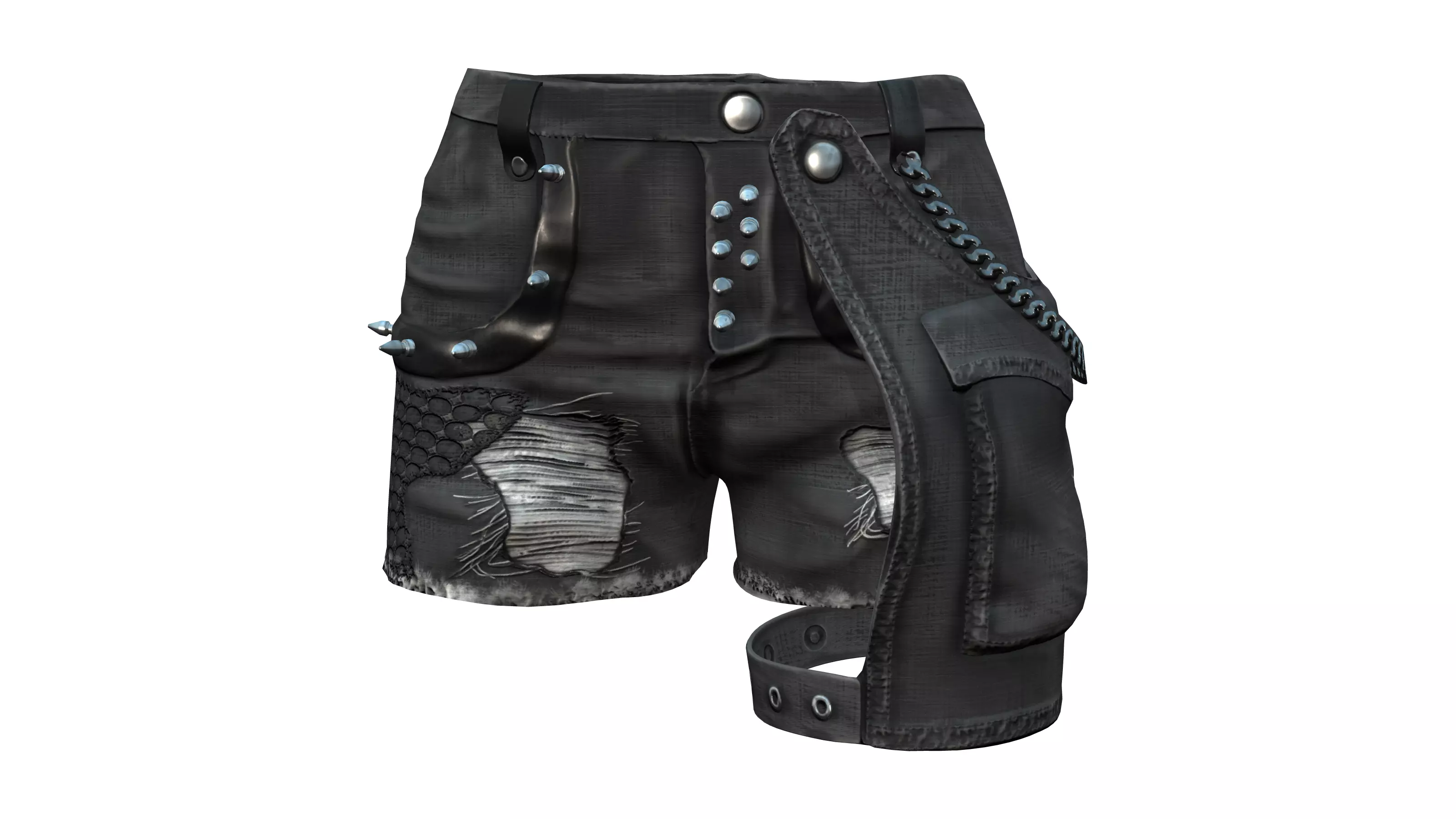 Chains and Rivets Decorated Black Torn Shorts Low-poly 3D model_0