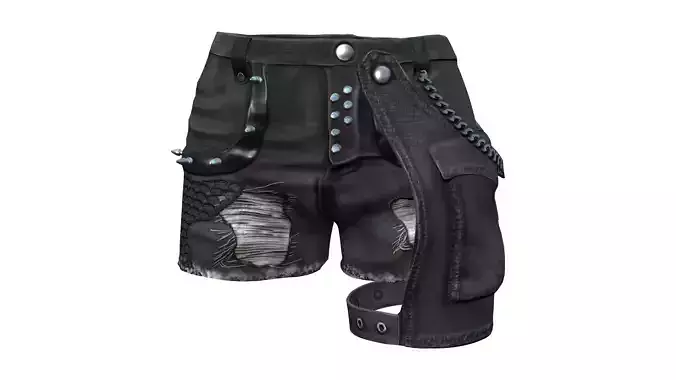 Chains and Rivets Decorated Black Torn Shorts Low-poly 3D model