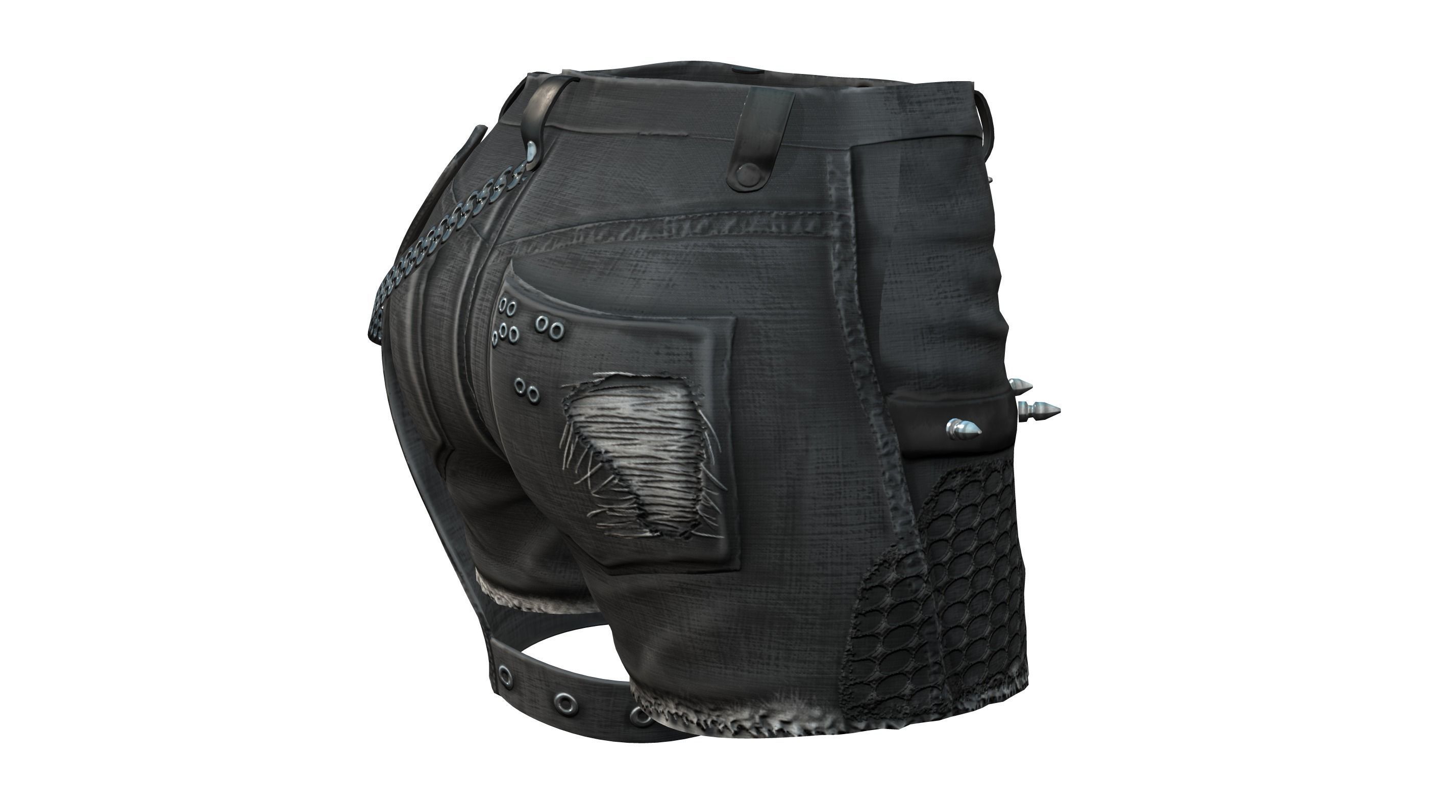 Chains and Rivets Decorated Black Torn Shorts Low-poly 3D model_5