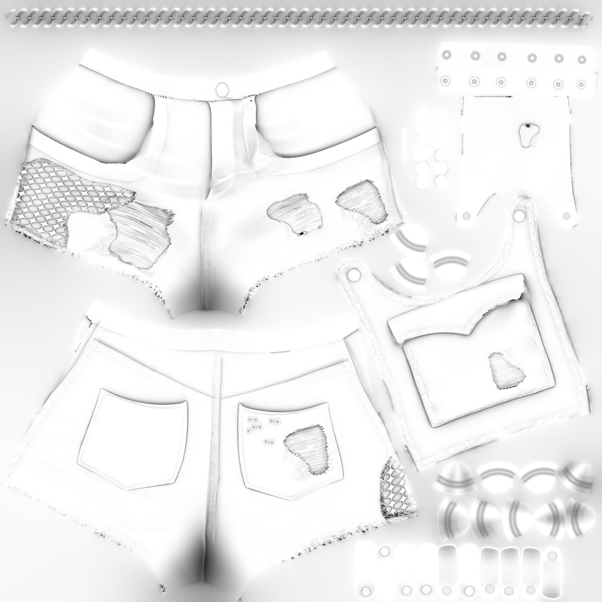 Chains and Rivets Decorated Black Torn Shorts Low-poly 3D model_12