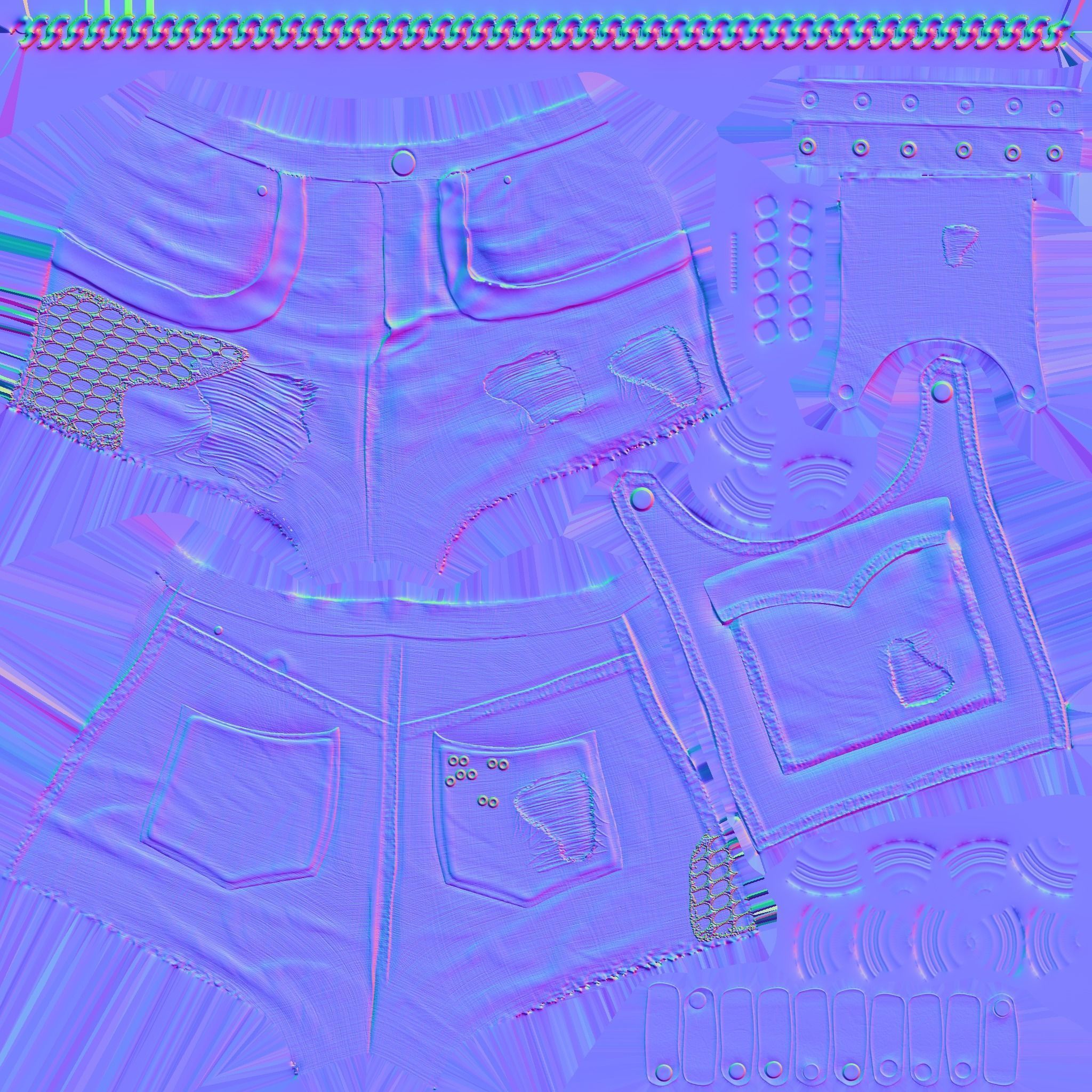 Chains and Rivets Decorated Black Torn Shorts Low-poly 3D model_10