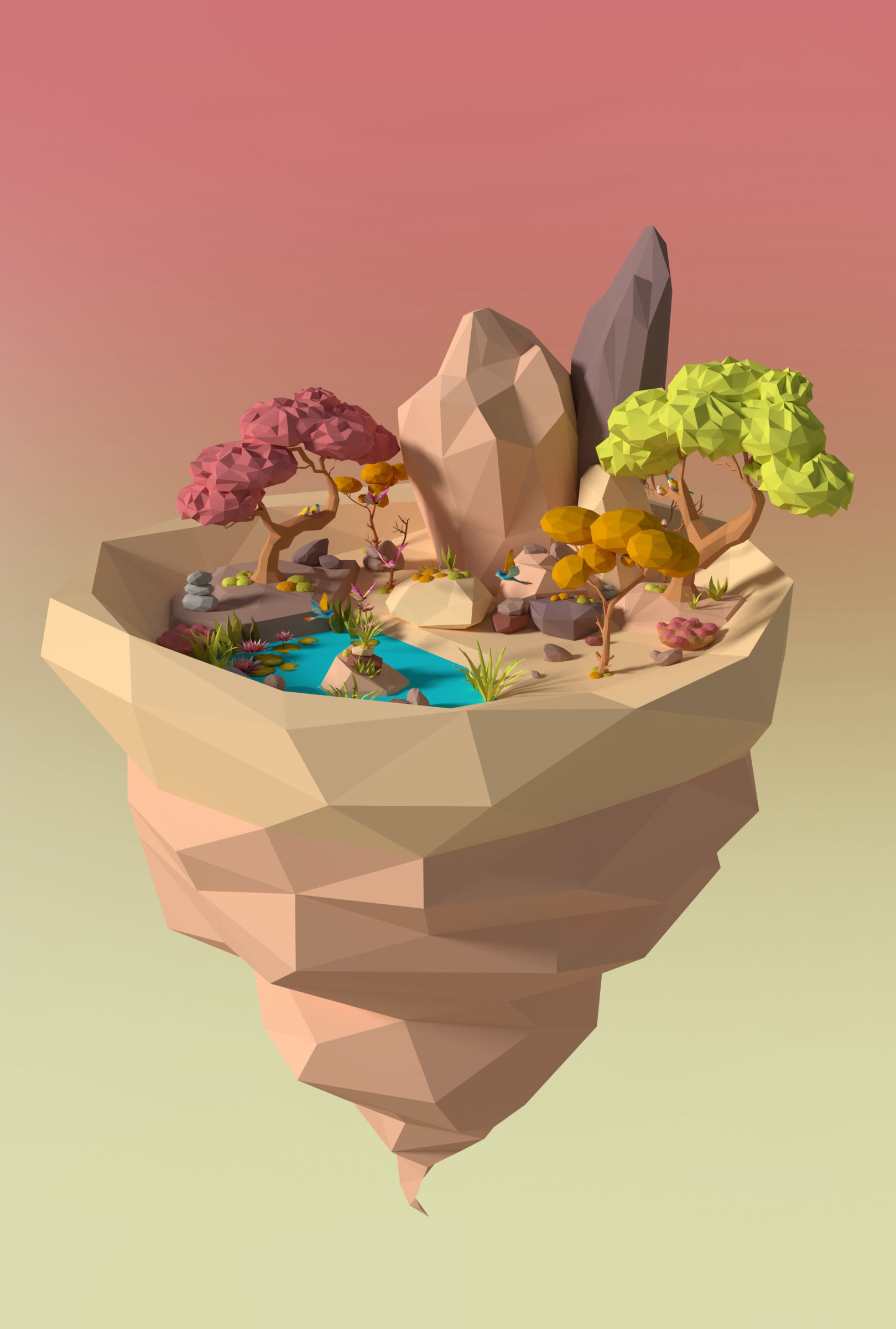 Cartoon Style Floating Island -Spring -LOW POLY Low-poly 3D model_2
