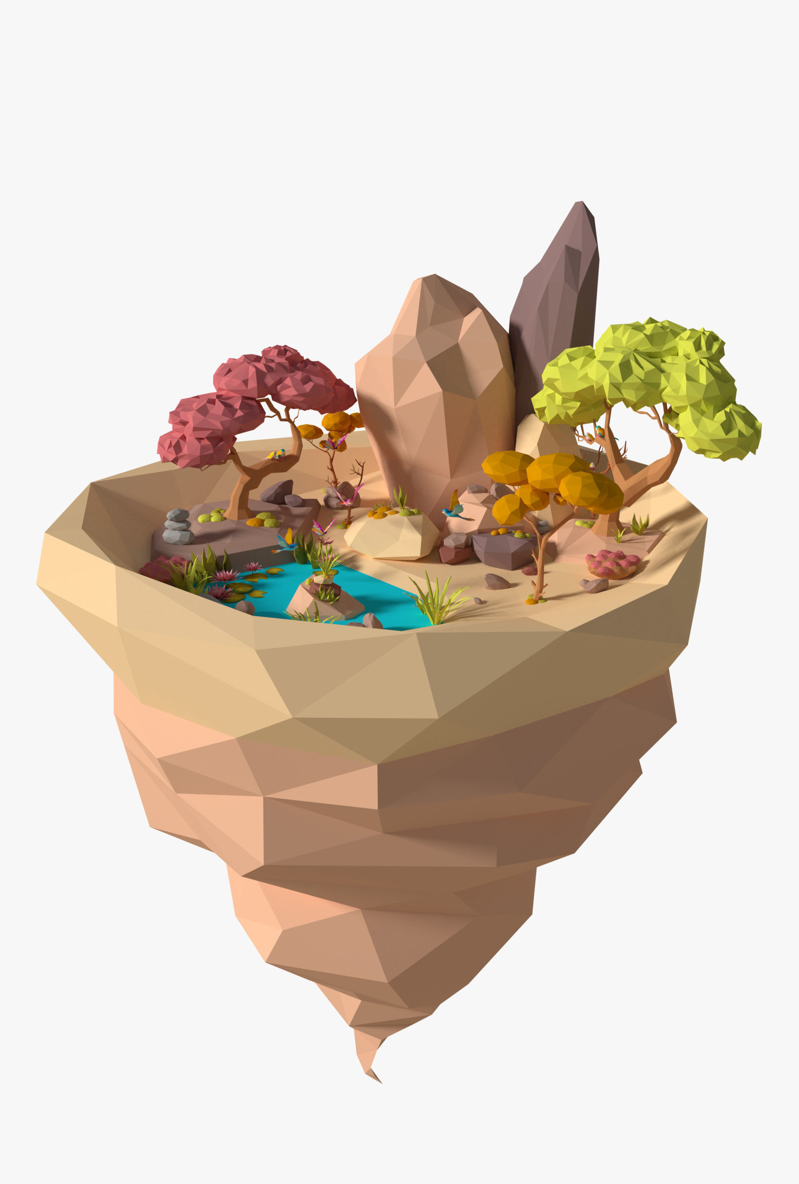 Cartoon Style Floating Island -Spring -LOW POLY Low-poly 3D model_1