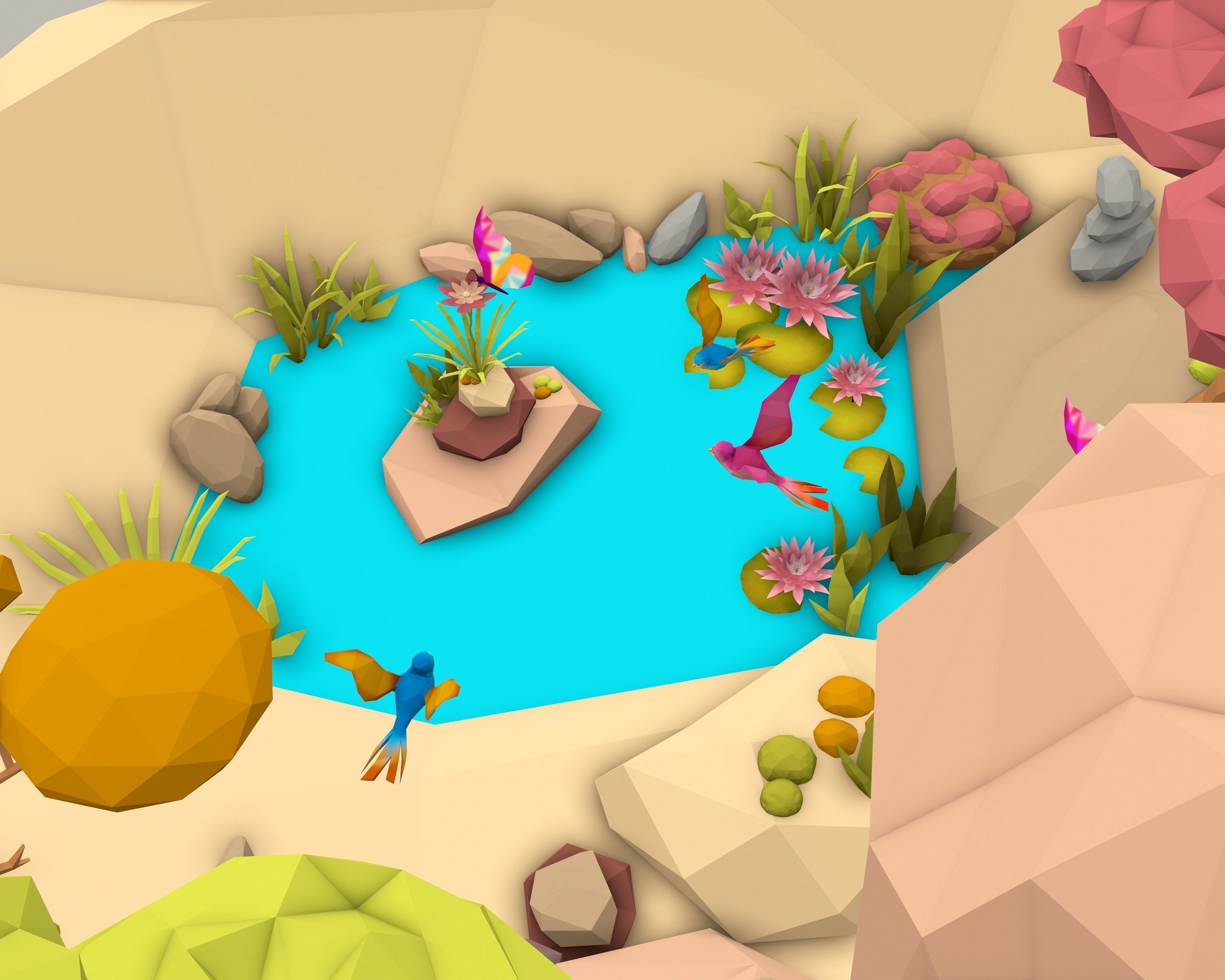 Cartoon Style Floating Island -Spring -LOW POLY Low-poly 3D model_10
