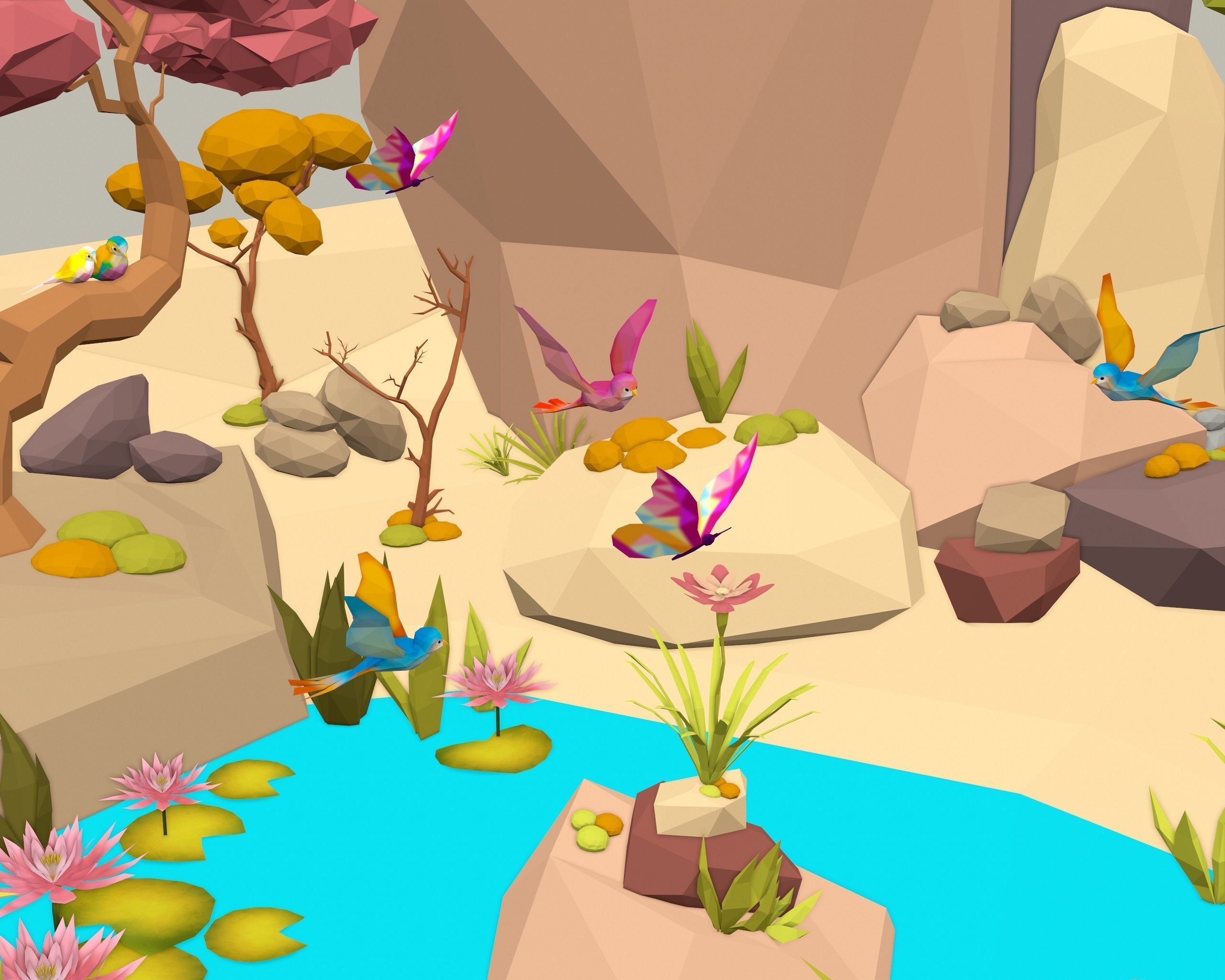 Cartoon Style Floating Island -Spring -LOW POLY Low-poly 3D model_9