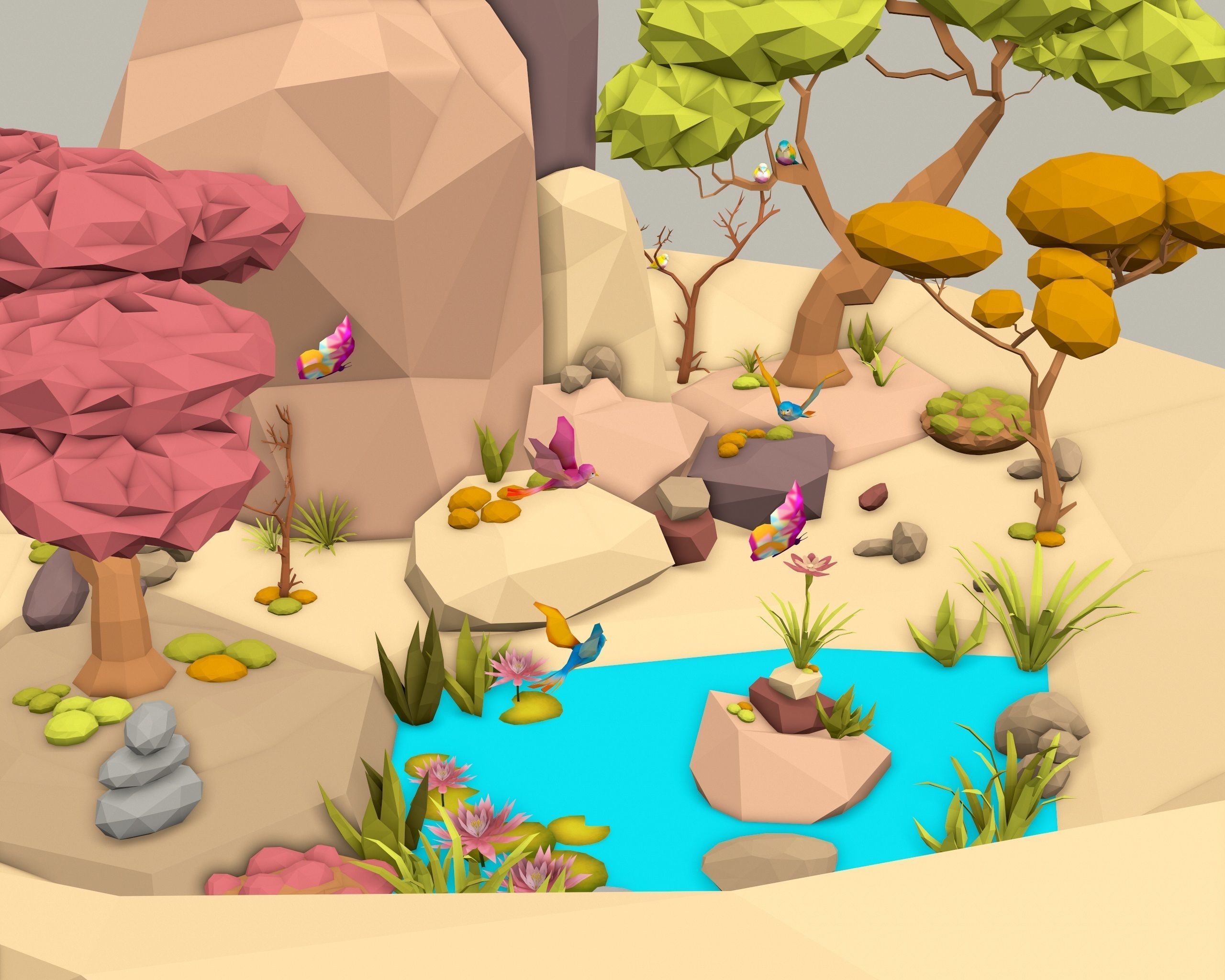 Cartoon Style Floating Island -Spring -LOW POLY Low-poly 3D model_8