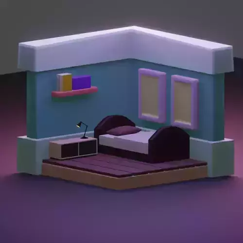 Low Poly Bedroom room with bed and bookshelf