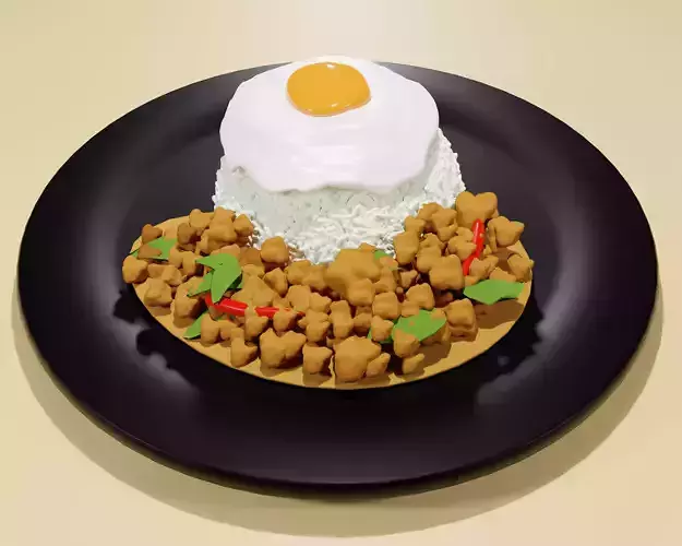  Thai Food cartoon 3D - Thai Basil Chicken with Fried Egg 3D model