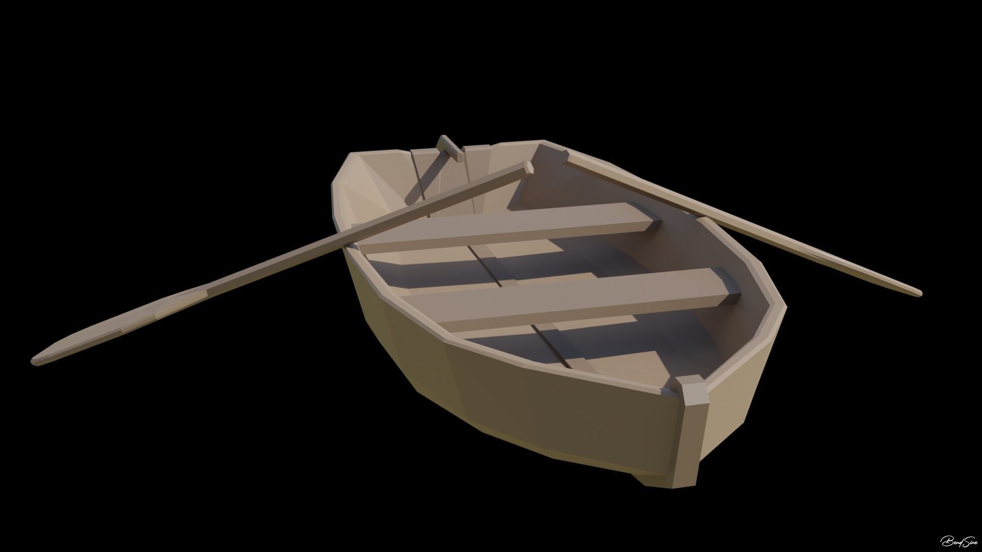 Boats wooden boat with two paddles Low-poly 3D model_1