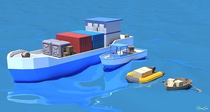 Boats wooden boat with two paddles Low-poly 3D model