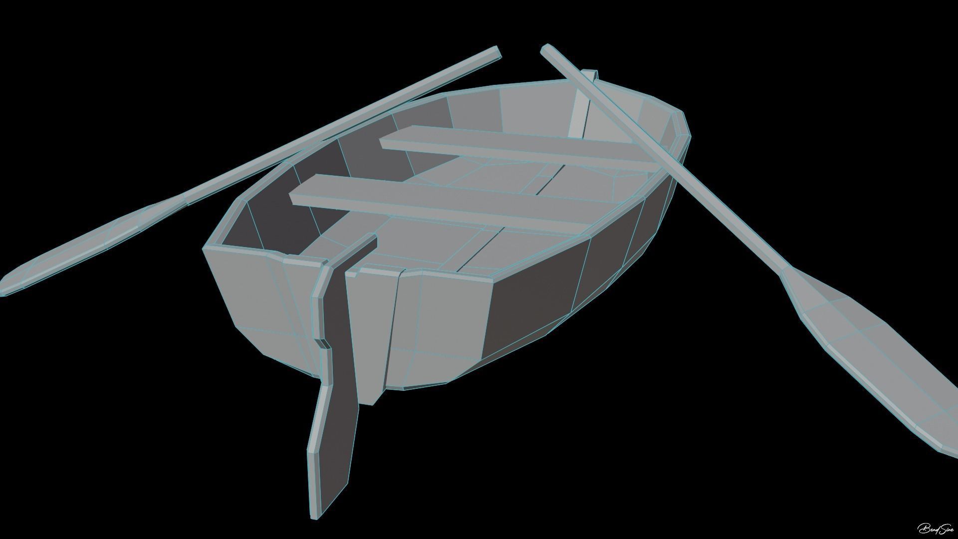 Boats wooden boat with two paddles Low-poly 3D model_6