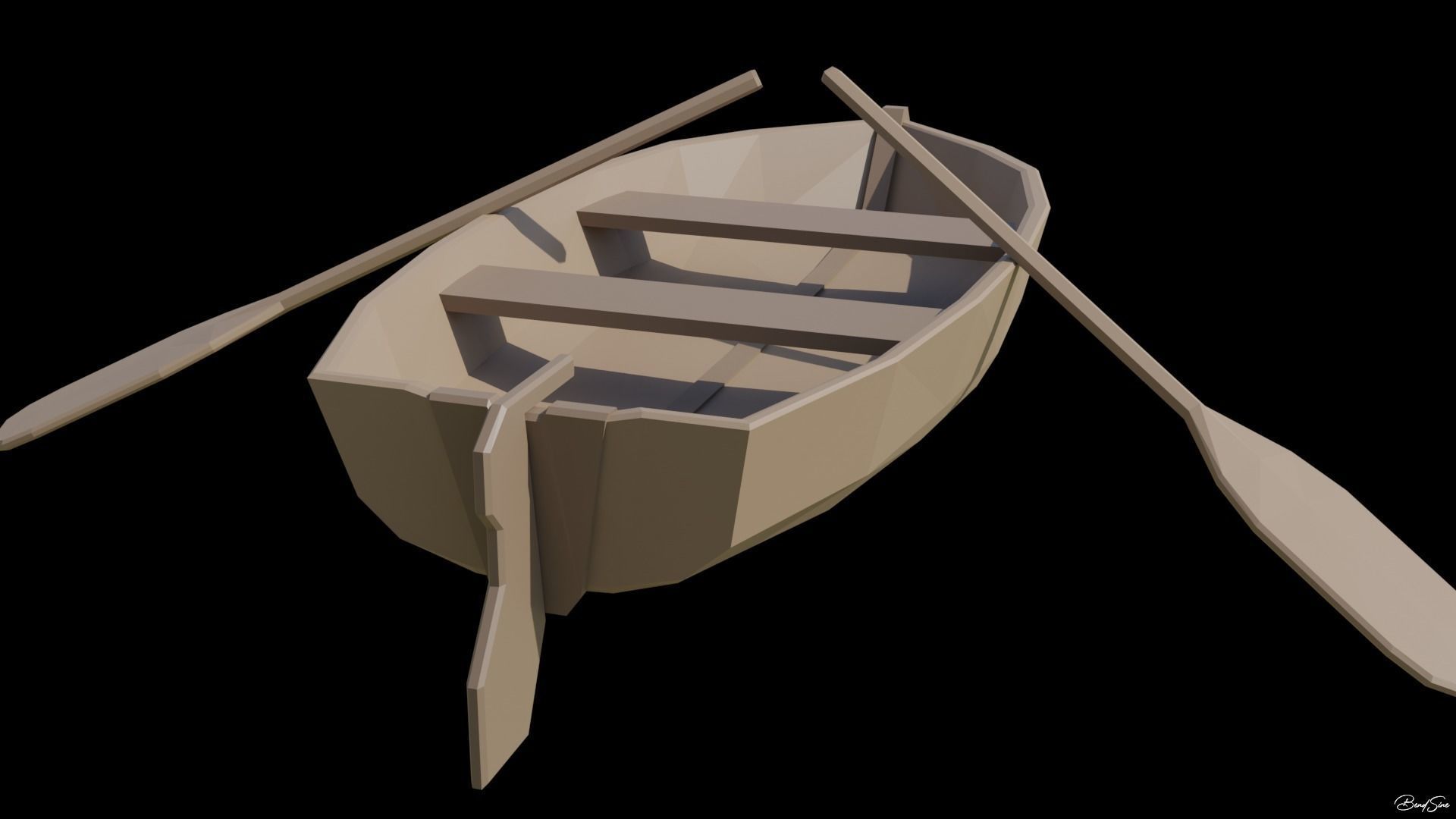 Boats wooden boat with two paddles Low-poly 3D model_5