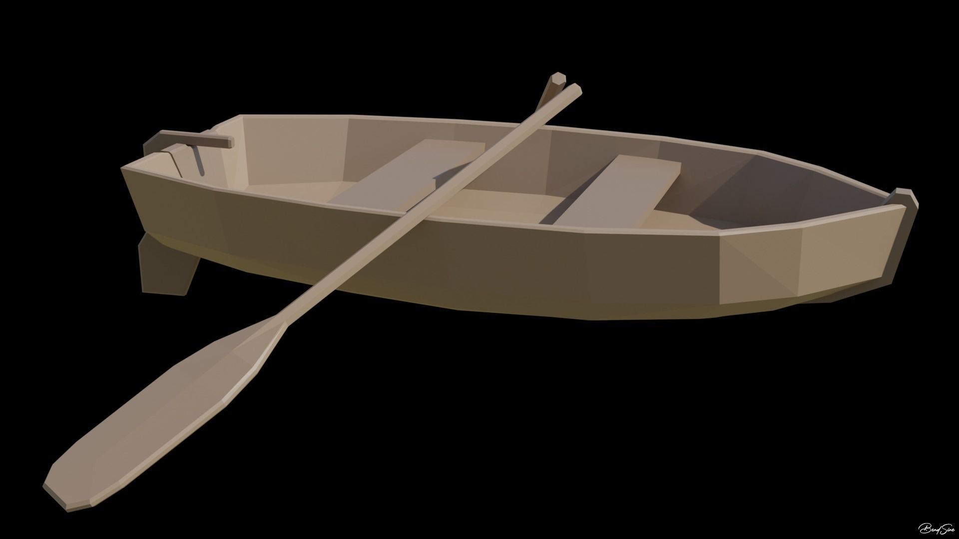 Boats wooden boat with two paddles Low-poly 3D model_3