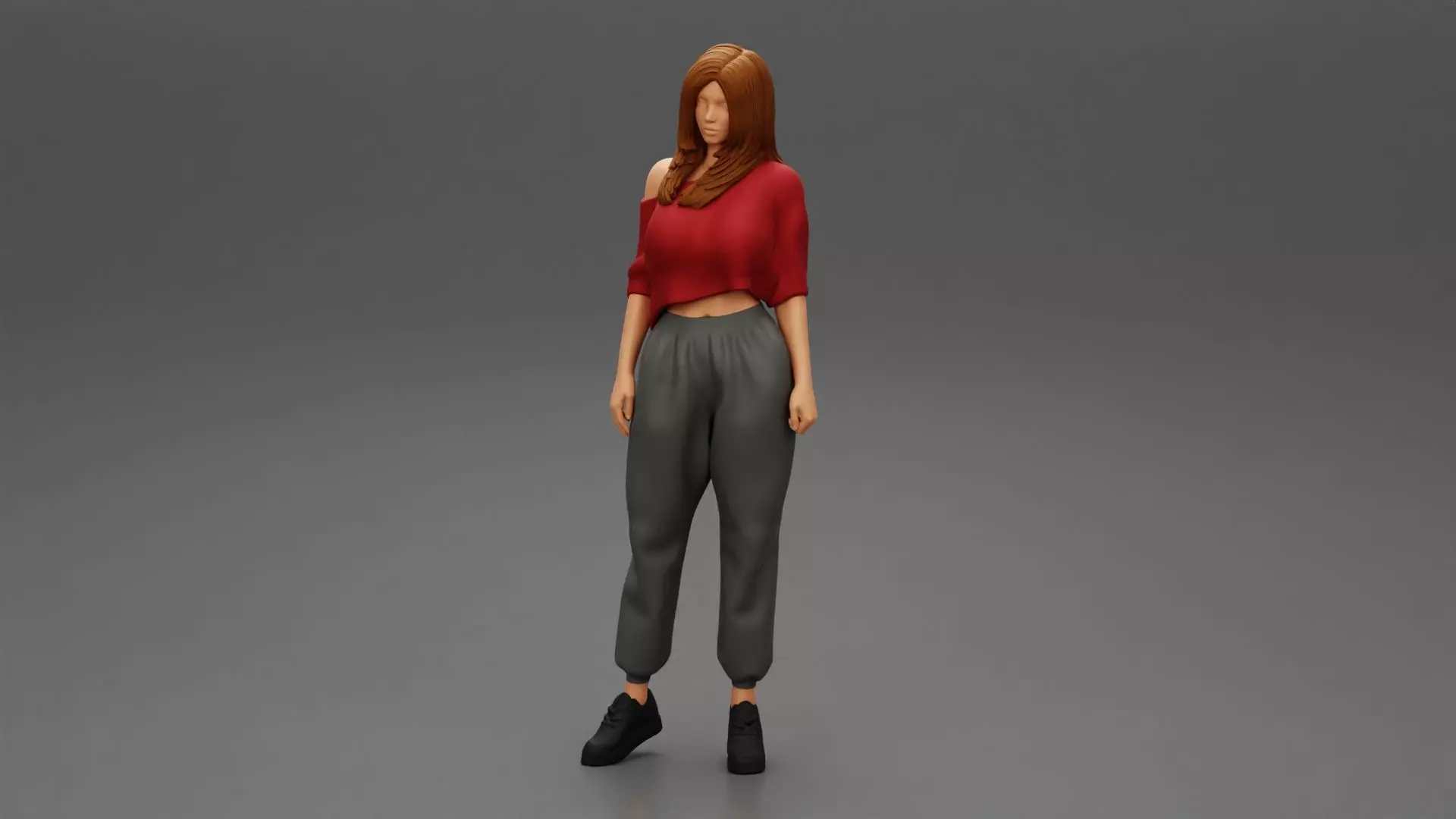 Attractive Woman Wearing Off Shoulder sneakers and pants 3D print model