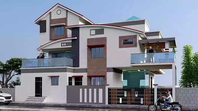 duplex house front elevation 3D model