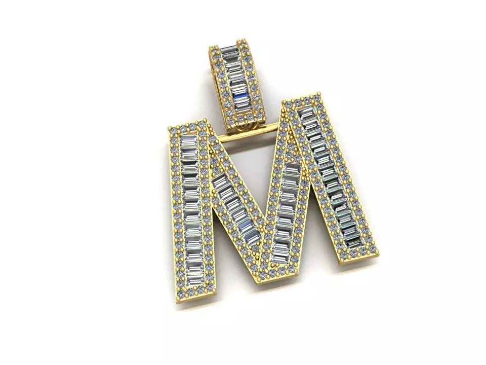 Baguette Diamond Letter Necklace 3D print model_0