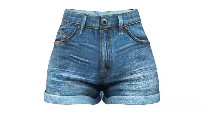 High Waist Rolled Legs Jeans Shorts Low-poly 3D model