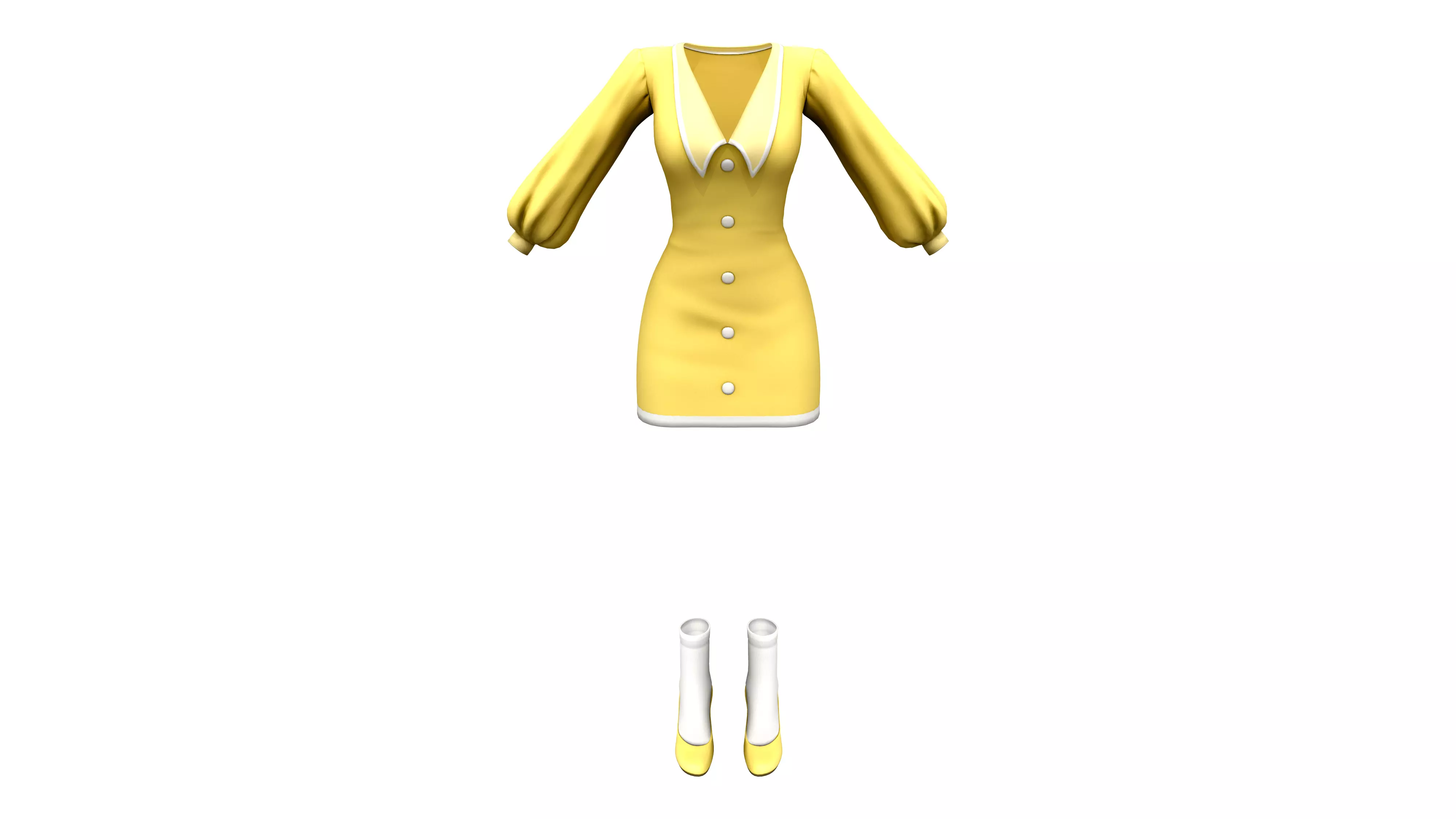 Retro Yellow Bishop Sleeves Flapped Royal Mini Dress Low-poly 3D model