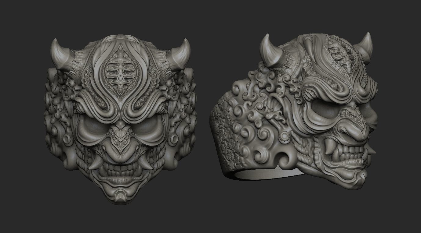 Hannya Oni mask ring STL 3d model for 3d printing 3D print model_12