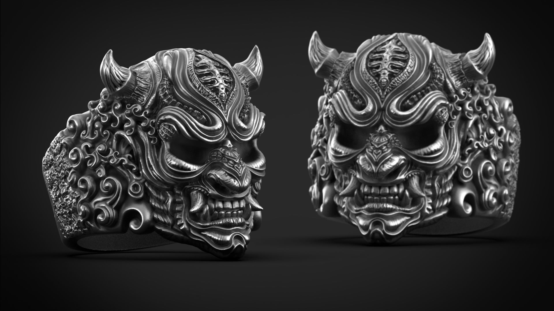 Hannya Oni mask ring STL 3d model for 3d printing 3D print model_2