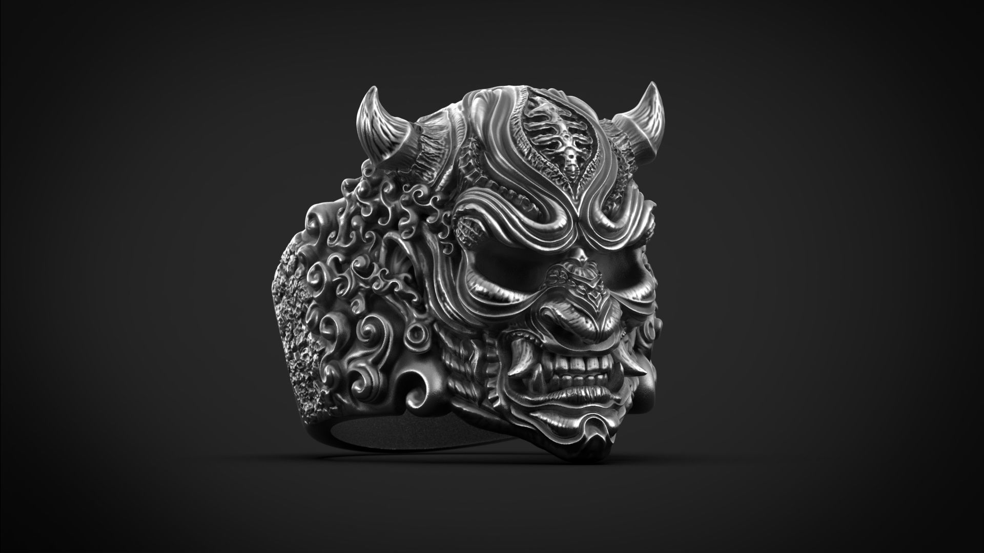 Hannya Oni mask ring STL 3d model for 3d printing 3D print model_3